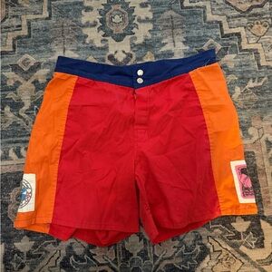 Vibrant Vintage Red and Orange Men's Board Shorts Bodywear Bathingsuit Size 34